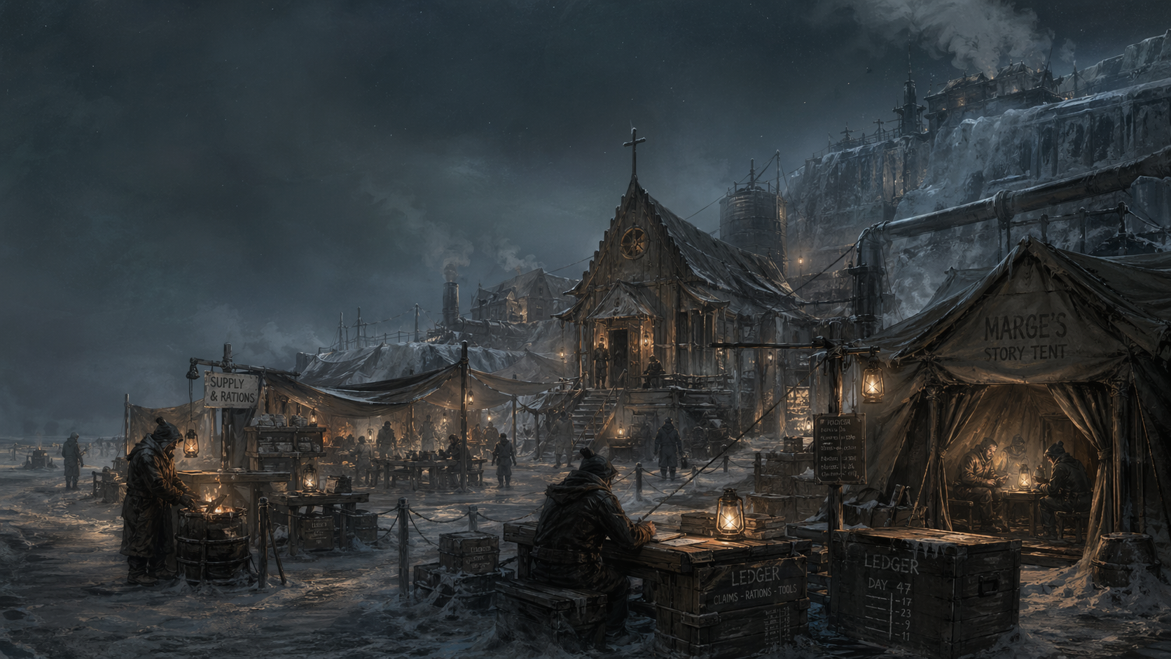 The camp at night with tents, ledgers, lamps, and workers