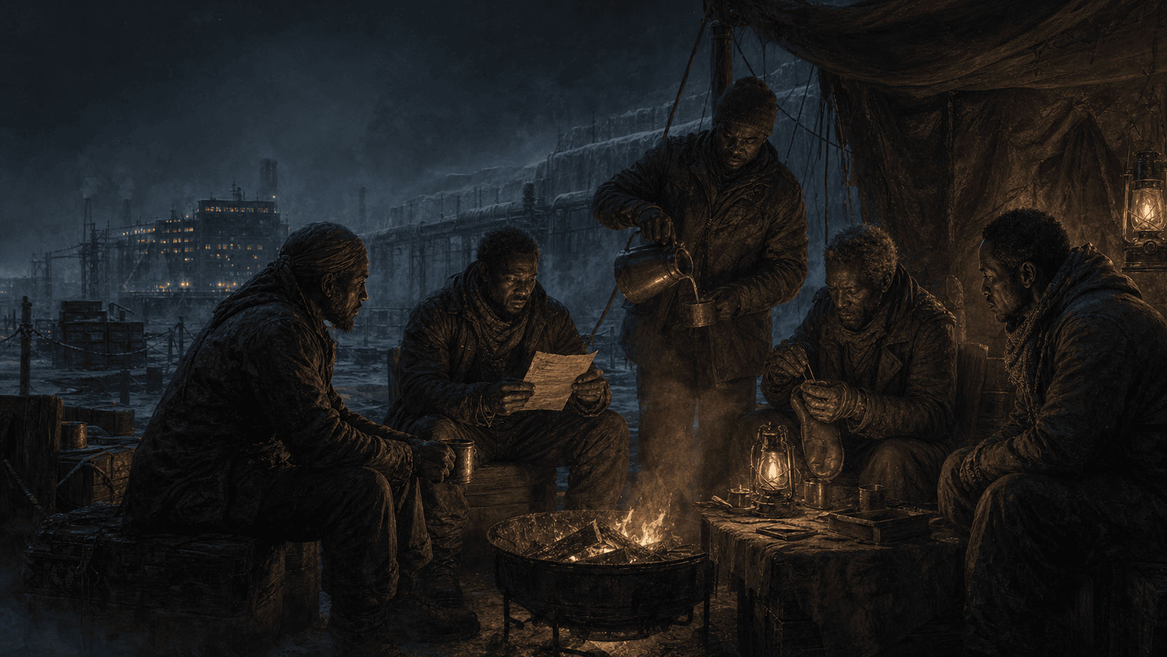 Five Black camp members share warmth, work, and a recovered page after a descent
