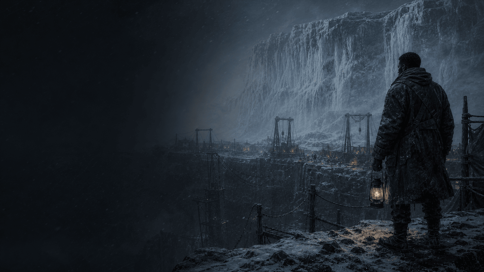 A Black digger faces an immense white wall of ice above the bore