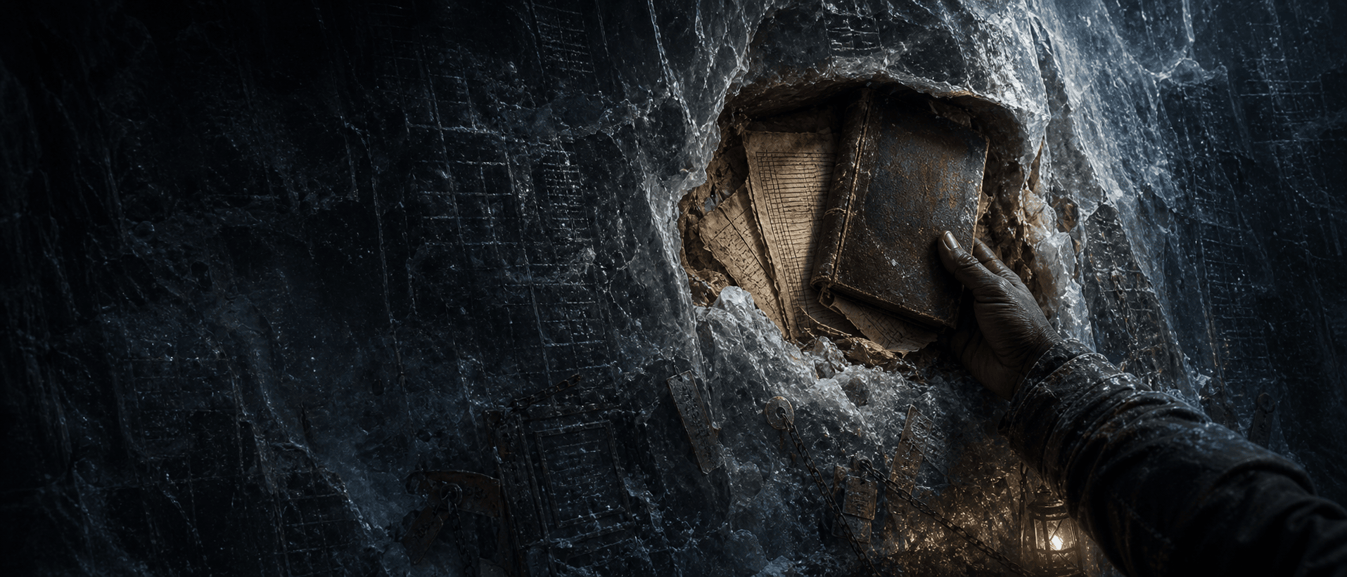 A Black digger's hand frees a weathered book and records from ledger-scored ice